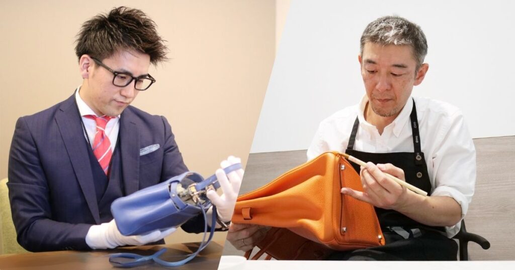 鑑定士がバッグを鑑定している様子と職人がバッグを塗っている様子