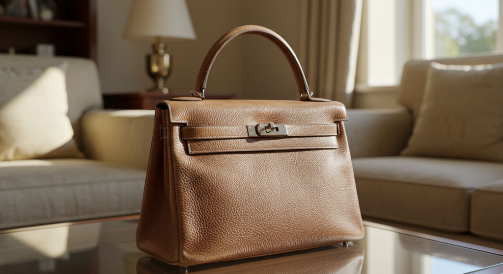 エルメスのバーキンバッグがリビングの机に置かれている　ゴールド