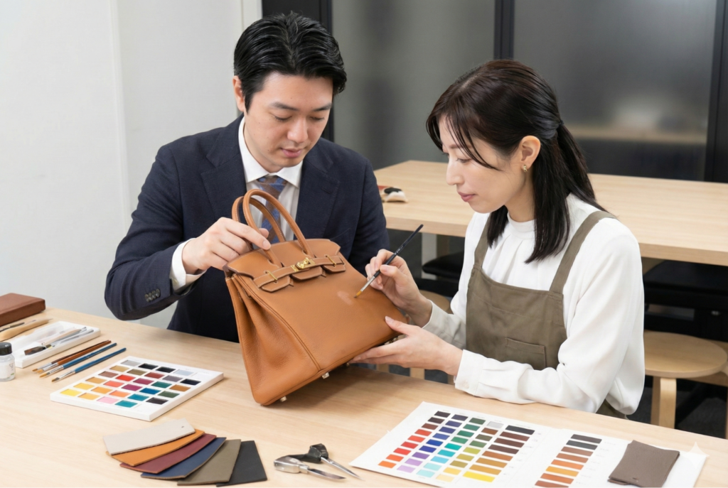 鑑定士と修理スタッフが一緒にバッグを直している様子