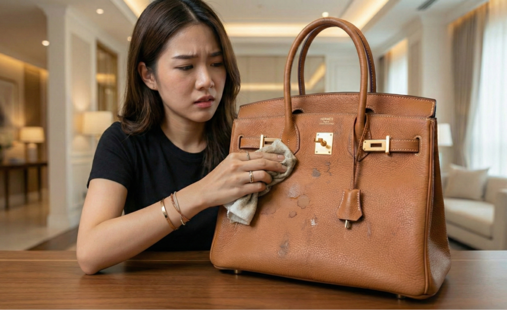 女性がバーキンを拭いている