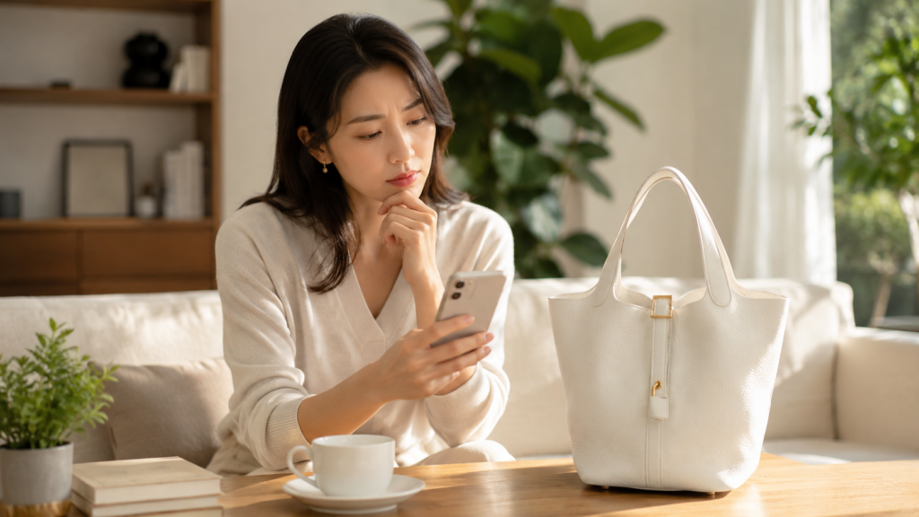 女性がエルメスのピコタンを前にリビングで悩んでいる